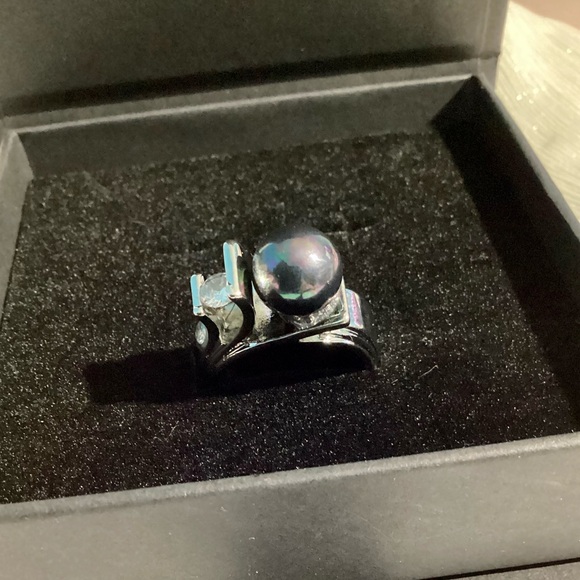 💋Gorgeous Sterling Silver Lux Black Rainbow Iridescent Tahitan Pearl & CZ ring - Picture 16 of 17